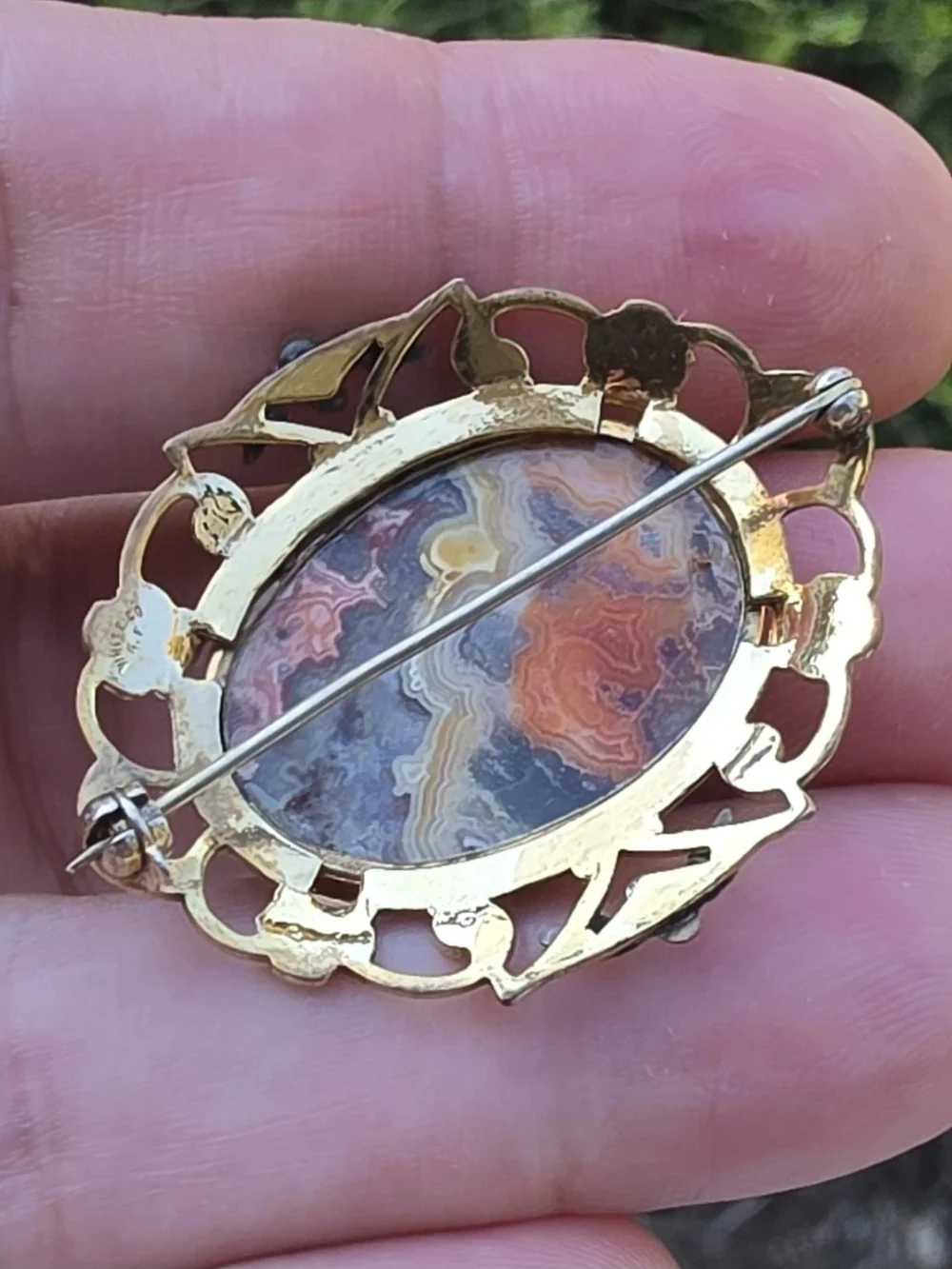Vintage Signed White Co Gold Filled Crazy Lace Agate Oval Floral Brooch